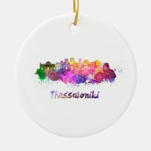 Thessaloniki skyline in watercolor ceramic ornament