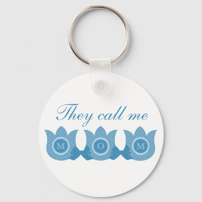 They Call Me Mom Plaid Tulips Keychain (Blue) (Front)