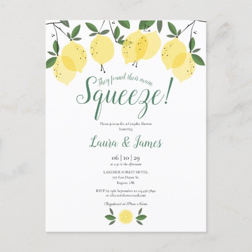 They Found Their Main Squeeze Lemon Bridal Shower Announcement Postcard - Featuring lemons greenery, this stylish botanical couples shower invitation can be personalized with your special event information.  Designed by Thisisnotme©