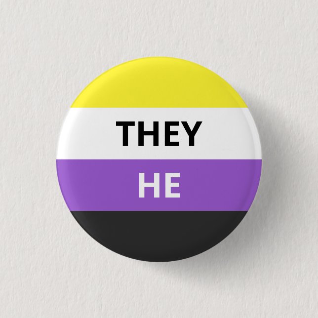 They/He Pronouns Non-Binary Flag Badge Button (Front)