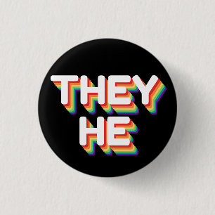 They/He Pronouns Rainbow 3D Retro Button