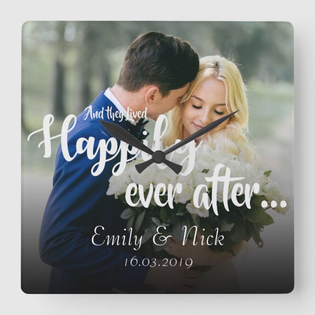 "They Lived Happily Ever After" Custom Photo Square Wall Clock (Front)