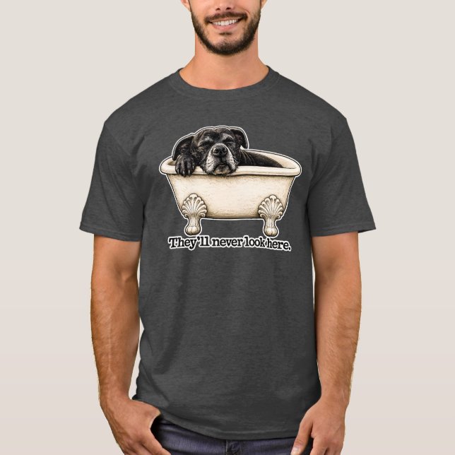 They’ll Never Look Here Black Pitbull Dog Bath Nap T-Shirt (Front)