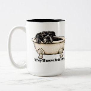 They’ll Never Look Here Black Pitbull Dog Bath Nap Two-Tone Coffee Mug