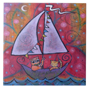 They Sailed by the Light of the Moon Owl and Cat Tile