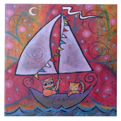 They Sailed by the Light of the Moon Owl and Cat Tile