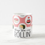 They See Me Rollin' Kawaii Fun Sushi Rolls & Dots Coffee Mug<br><div class="desc">They See Me Rollin' Kawaii Fun Sushi Rolls & Dots Design. A funny and playful quote, in modern brush hand lettered style typography. With salmon pink background, and dot pattern. Great gift for him or her, kids, teens, and adults.- Coffee Mug! ~ Check my shop to see the entire Home...</div>