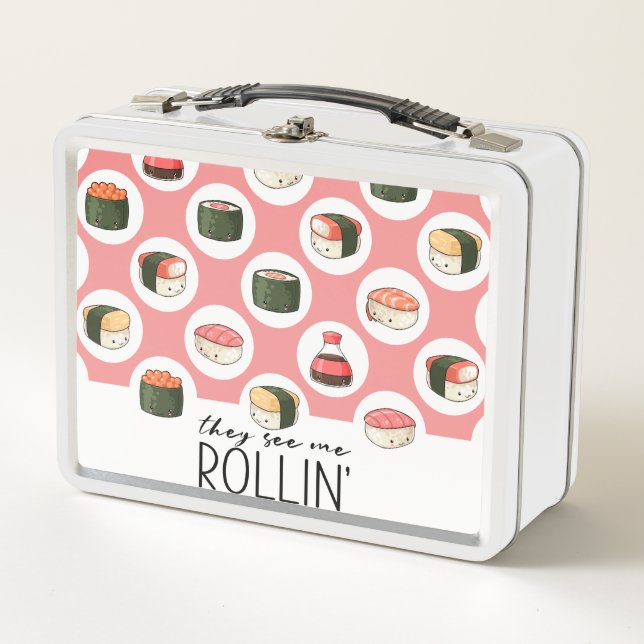 They See Me Rollin' Kawaii Fun Sushi Rolls & Dots Metal Lunch Box (Front)