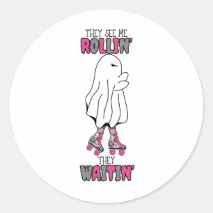 They see me rollin' they waitin' pink retro ghost classic round sticker