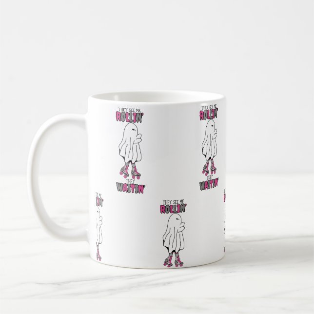 They see me rollin' they waitin' pink retro ghost  coffee mug (Left)