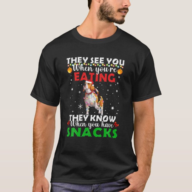 They See You Eating Christmas Reindeer Santa Beagl T-Shirt (Front)