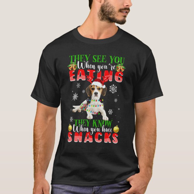 They See You Eating Christmas Reindeer Santa Beagl T-Shirt (Front)