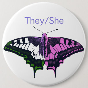 They/She Non-Binary Flag Swallowtail Butterfly Button