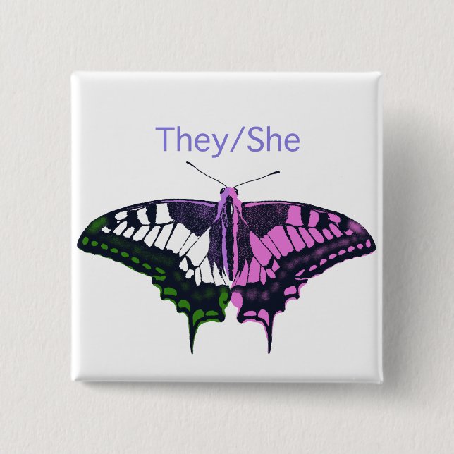 They/She Non-Binary Flag Swallowtail Butterfly Button (Front)