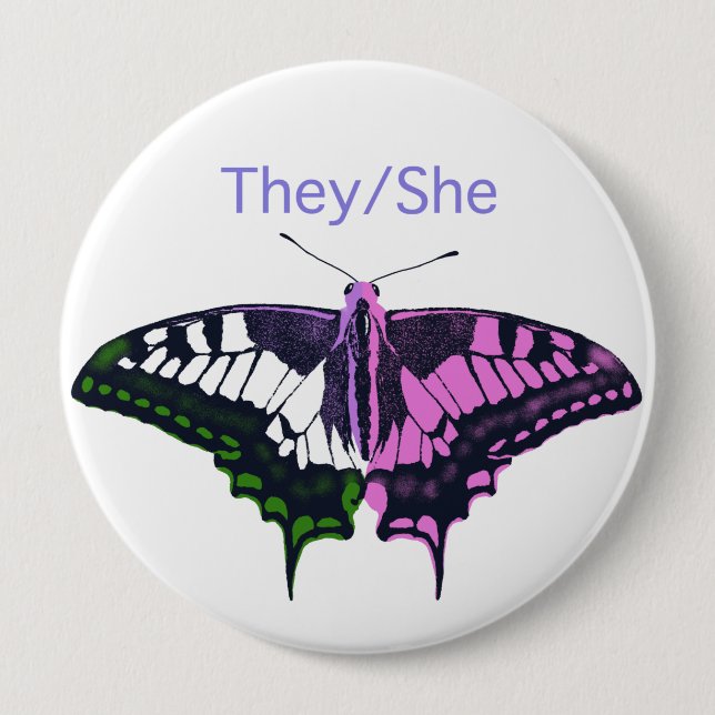 They/She Non-Binary Flag Swallowtail Butterfly Button (Front)
