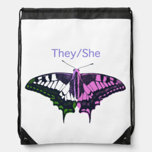 They/She Non-Binary Flag Swallowtail Butterfly Drawstring Bag