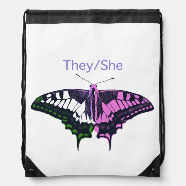 They/She Non-Binary Flag Swallowtail Butterfly Drawstring Bag (Front)
