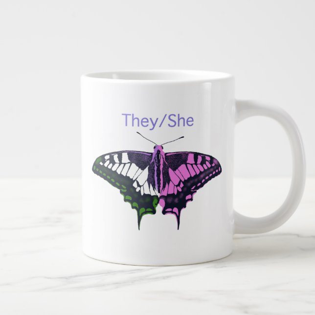 They/She Non-Binary Flag Swallowtail Butterfly Giant Coffee Mug (Right)