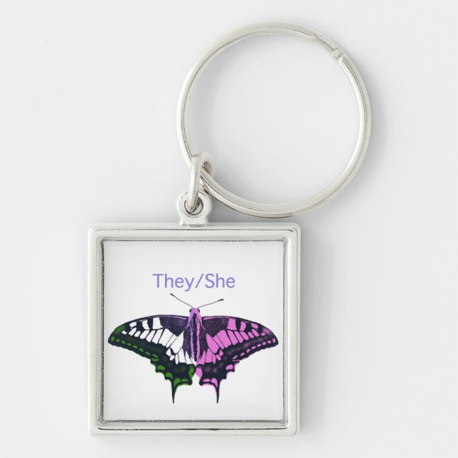 They/She Non-Binary Flag Swallowtail Butterfly Keychain (Front)