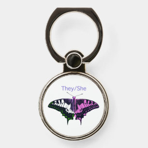 They/She Non-Binary Flag Swallowtail Butterfly Phone Ring Stand