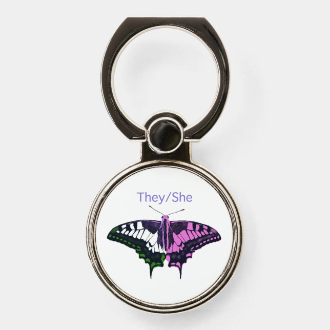 They/She Non-Binary Flag Swallowtail Butterfly Phone Ring Stand (Front)