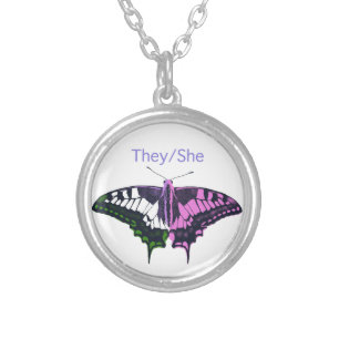 They/She Non-Binary Flag Swallowtail Butterfly Silver Plated Necklace
