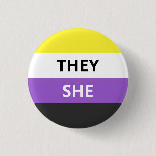 They/She Pronouns Non-Binary Flag Badge Button