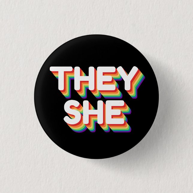 They/She Pronouns Rainbow 3D Retro Button (Front)