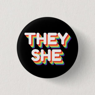 They/She Pronouns Rainbow 3D Retro Button