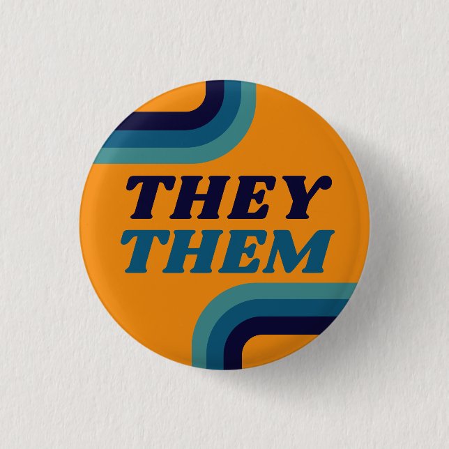 They Them 70s Yellow Blue Retro Lines Pronouns  Button (Front)