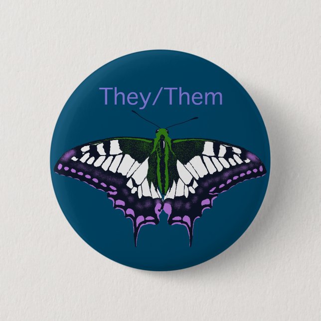 They/Them Nonbinary Pride Swallowtail Butterfly Button (Front)