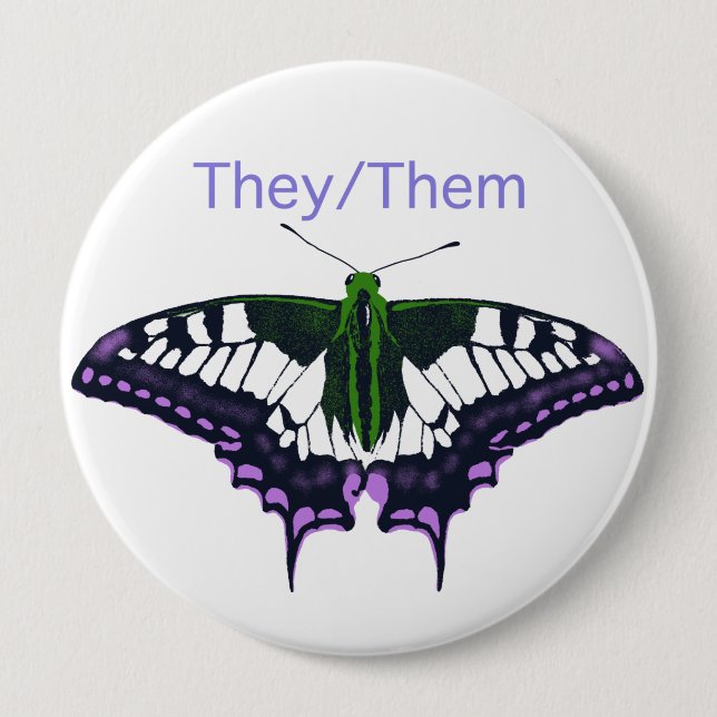 They/Them Nonbinary Pride Swallowtail Butterfly Button (Front)