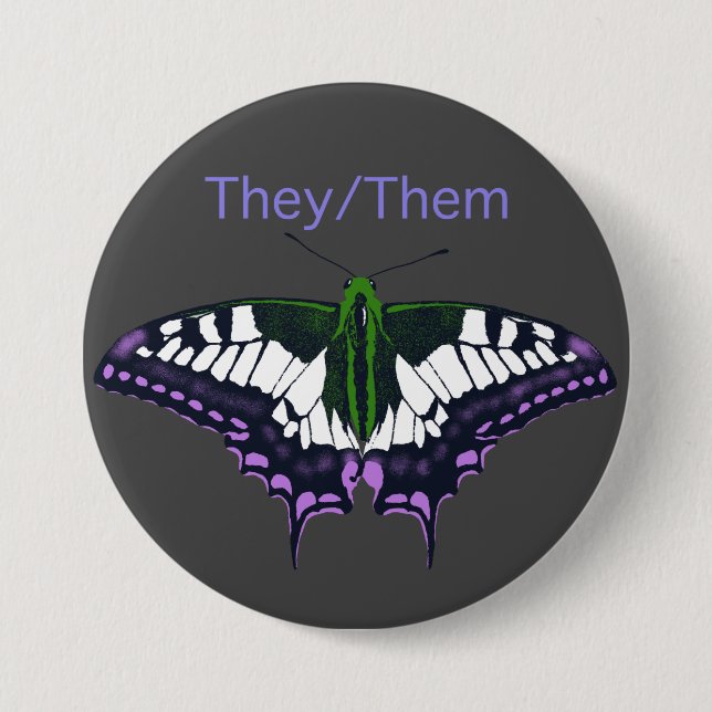They/Them Nonbinary Pride Swallowtail Butterfly Button (Front)