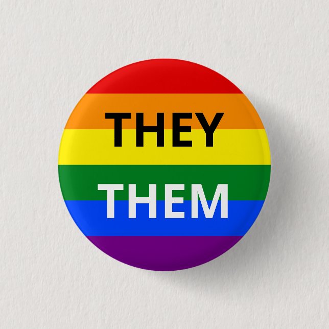 They/Them Pronoun Rainbow Badge Button (Front)