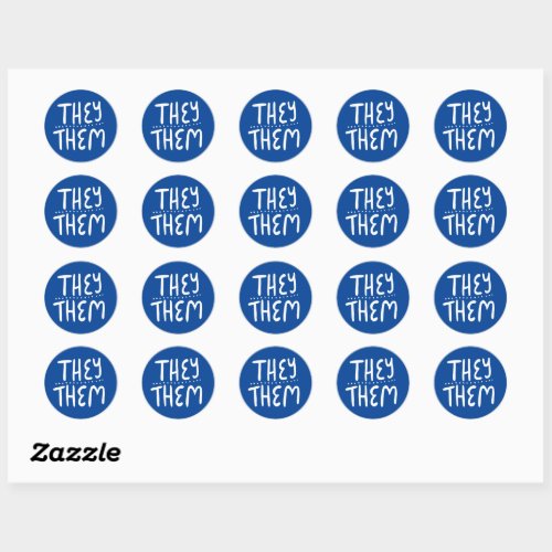 THEY  THEM Pronouns Blue Handlettering Set of Classic Round Sticker