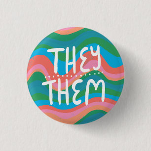 THEY/THEM Pronouns Colorful Handletter Green Pink Button