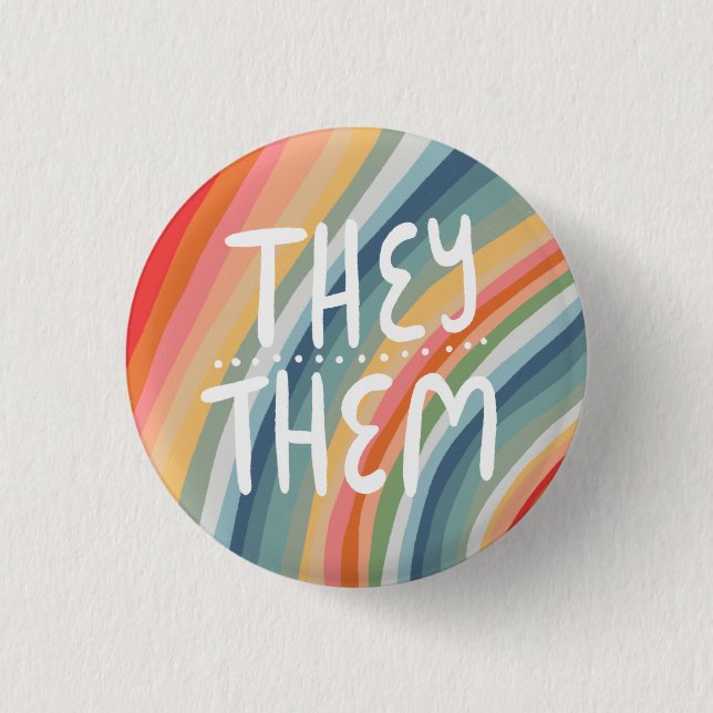 THEY/THEM Pronouns Colorful Handlettered Rainbow Button (Front)