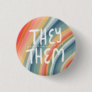 THEY/THEM Pronouns Colorful Handlettered Rainbow Button