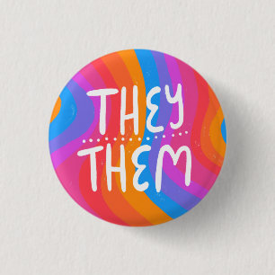 THEY/THEM Pronouns Colorful Handlettering Stripes Button