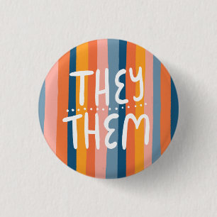 THEY/THEM Pronouns Colorful Handlettering Stripes Button