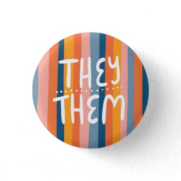 THEY/THEM Pronouns Colorful Handlettering Stripes Button
