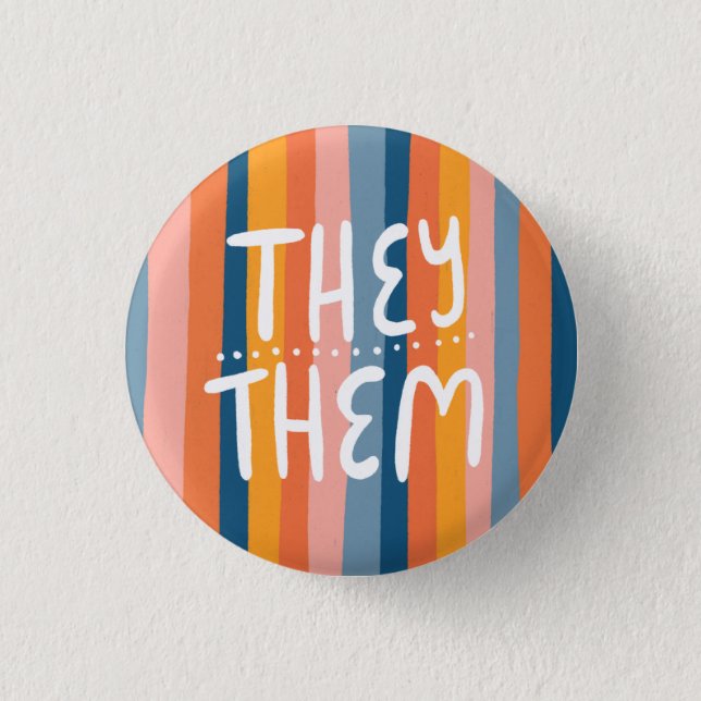 THEY/THEM Pronouns Colorful Handlettering Stripes Button (Front)