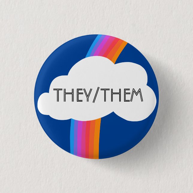 THEY/THEM Pronouns Colorful Rainbow Cloud Button (Front)