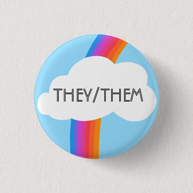THEY/THEM Pronouns Colorful Rainbow Cloud Button (Front)