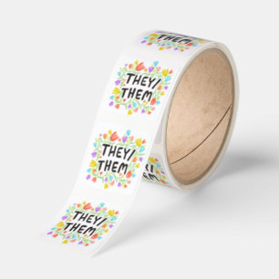 THEY /THEM Pronouns Floral Handlettering Roll of Square Sticker