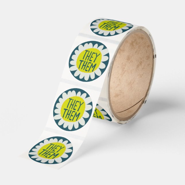 THEY / THEM Pronouns Flower Pride Handlettered  Classic Round Sticker (Roll)