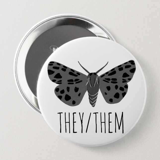 THEY/THEM Pronouns Handdrawn Moth Insect Button (Front & Back)