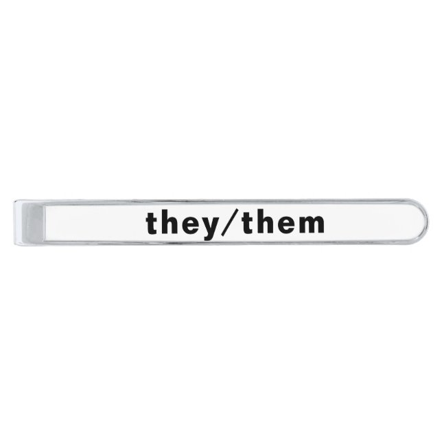 They, Them, Pronouns Pride Lgbtq black white Silver Finish Tie Bar (Front)