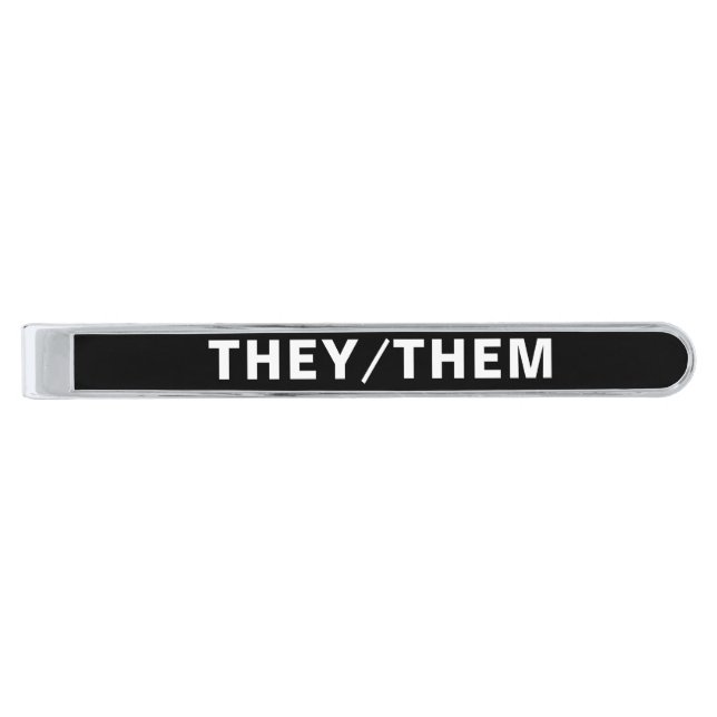 They, Them, Pronouns Pride Lgbtq Gender Neutral Silver Finish Tie Bar (Front)