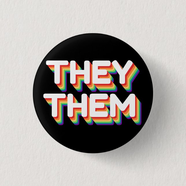 They/Them Pronouns Rainbow 3D Retro Button (Front)